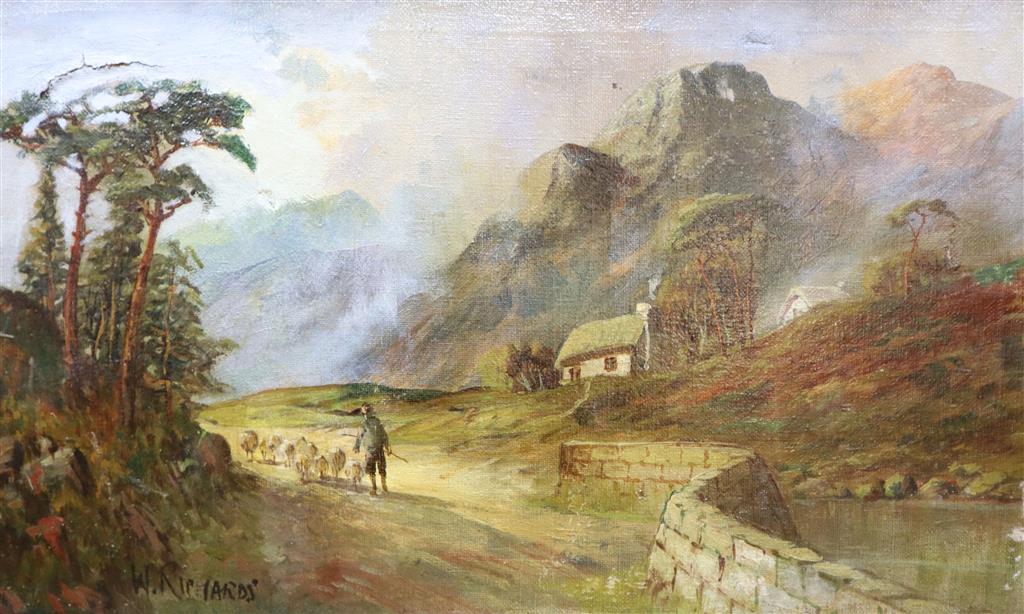 W. Richards, oil on canvas, Shepherd and flock passing a cottage, signed, 29 x 49cm